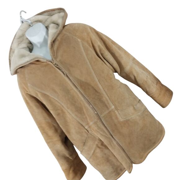 WINLIT! LUXE FAWN BEIGE/TAN GENUINE SUEDE LEATHER SHERPA, HOODIE COAT! SZ M - Picture 1 of 16